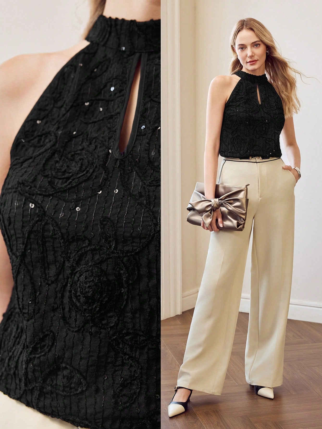 CM-TS849435 Women Elegant Seoul Style Keyhole Neckline Embroidery Floral Sequin Sleeveless Blouse - Black
