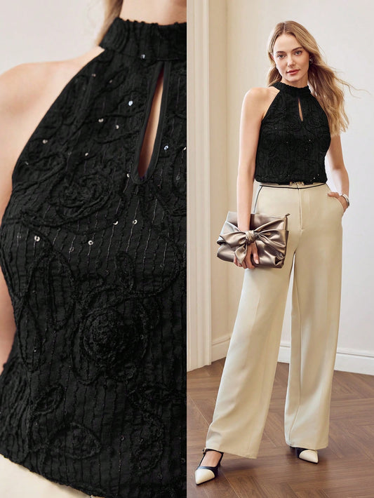 CM-TS849435 Women Elegant Seoul Style Keyhole Neckline Embroidery Floral Sequin Sleeveless Blouse - Black
