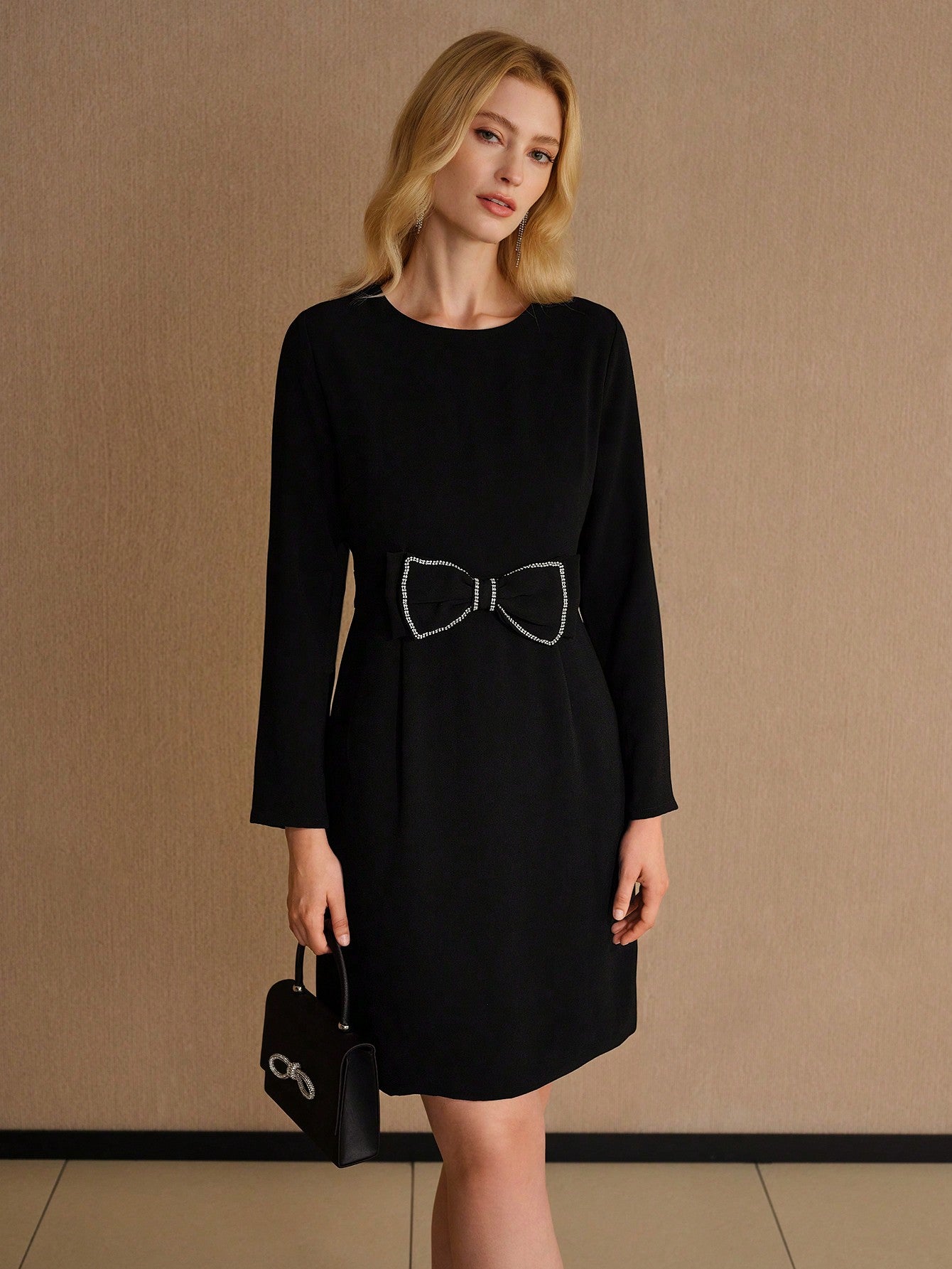 CM-DS614663 Women Elegant Seoul Style Round Neck Long Sleeve Rhinestone Bow Waist Short Dress - Black