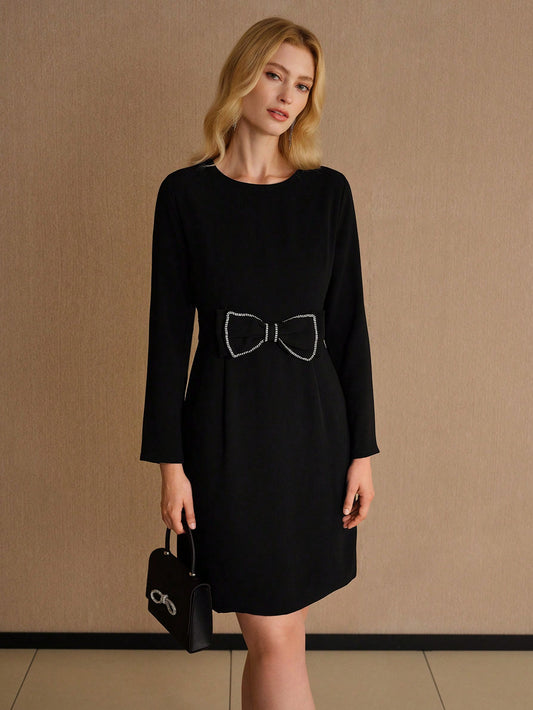 CM-DS614663 Women Elegant Seoul Style Round Neck Long Sleeve Rhinestone Bow Waist Short Dress - Black