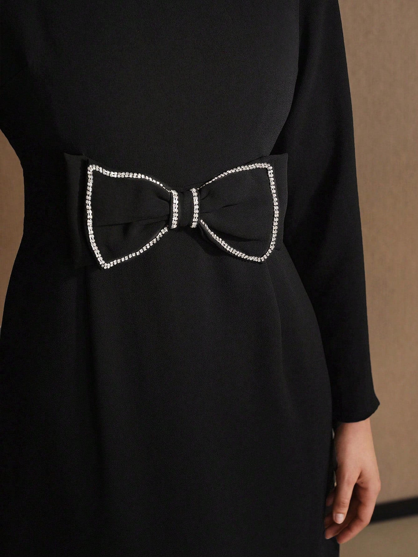 CM-DS614663 Women Elegant Seoul Style Round Neck Long Sleeve Rhinestone Bow Waist Short Dress - Black
