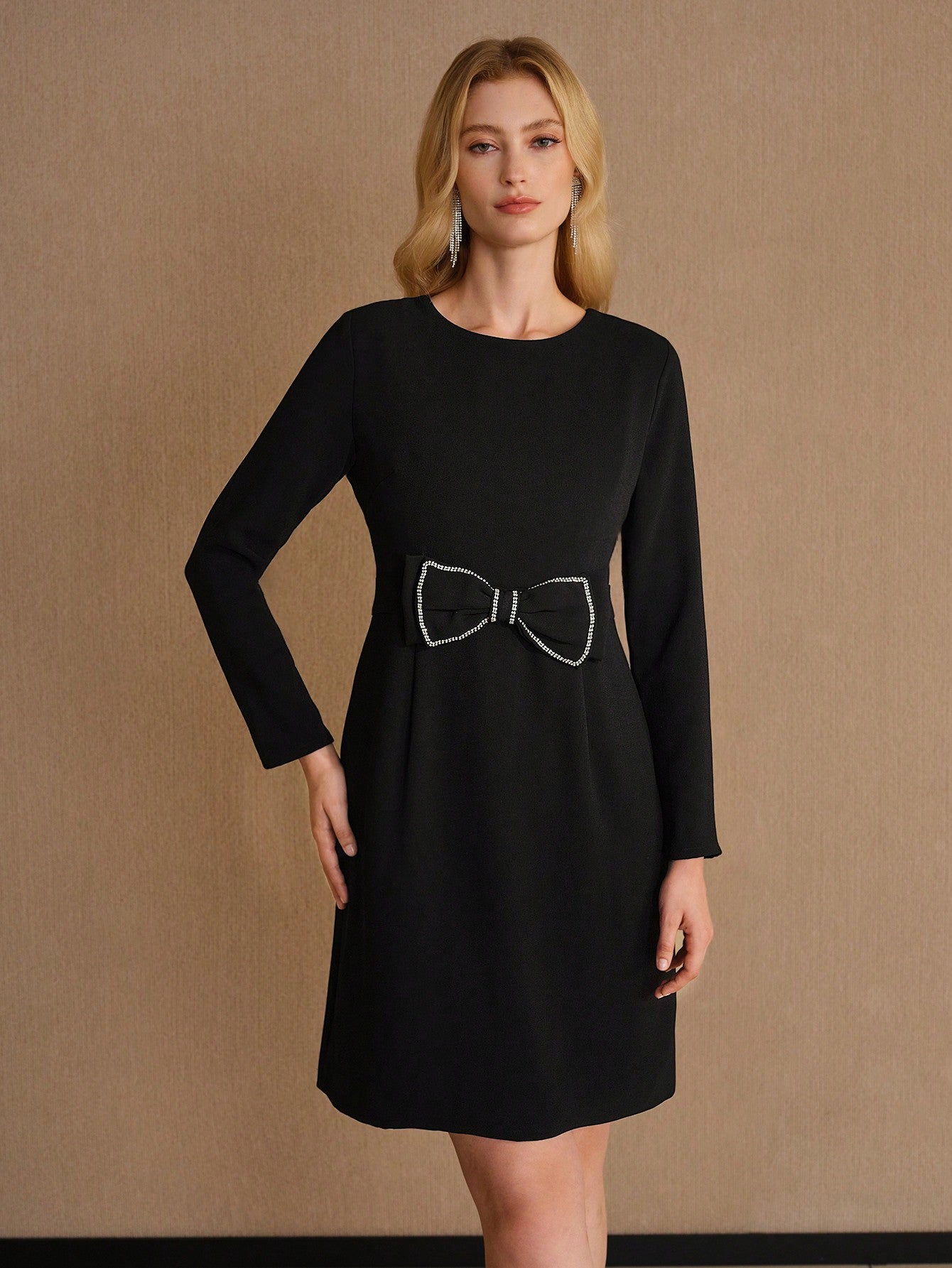 CM-DS614663 Women Elegant Seoul Style Round Neck Long Sleeve Rhinestone Bow Waist Short Dress - Black