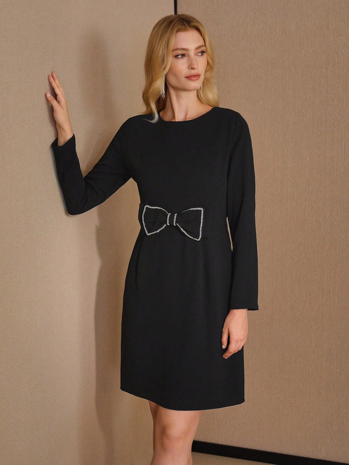 CM-DS614663 Women Elegant Seoul Style Round Neck Long Sleeve Rhinestone Bow Waist Short Dress - Black