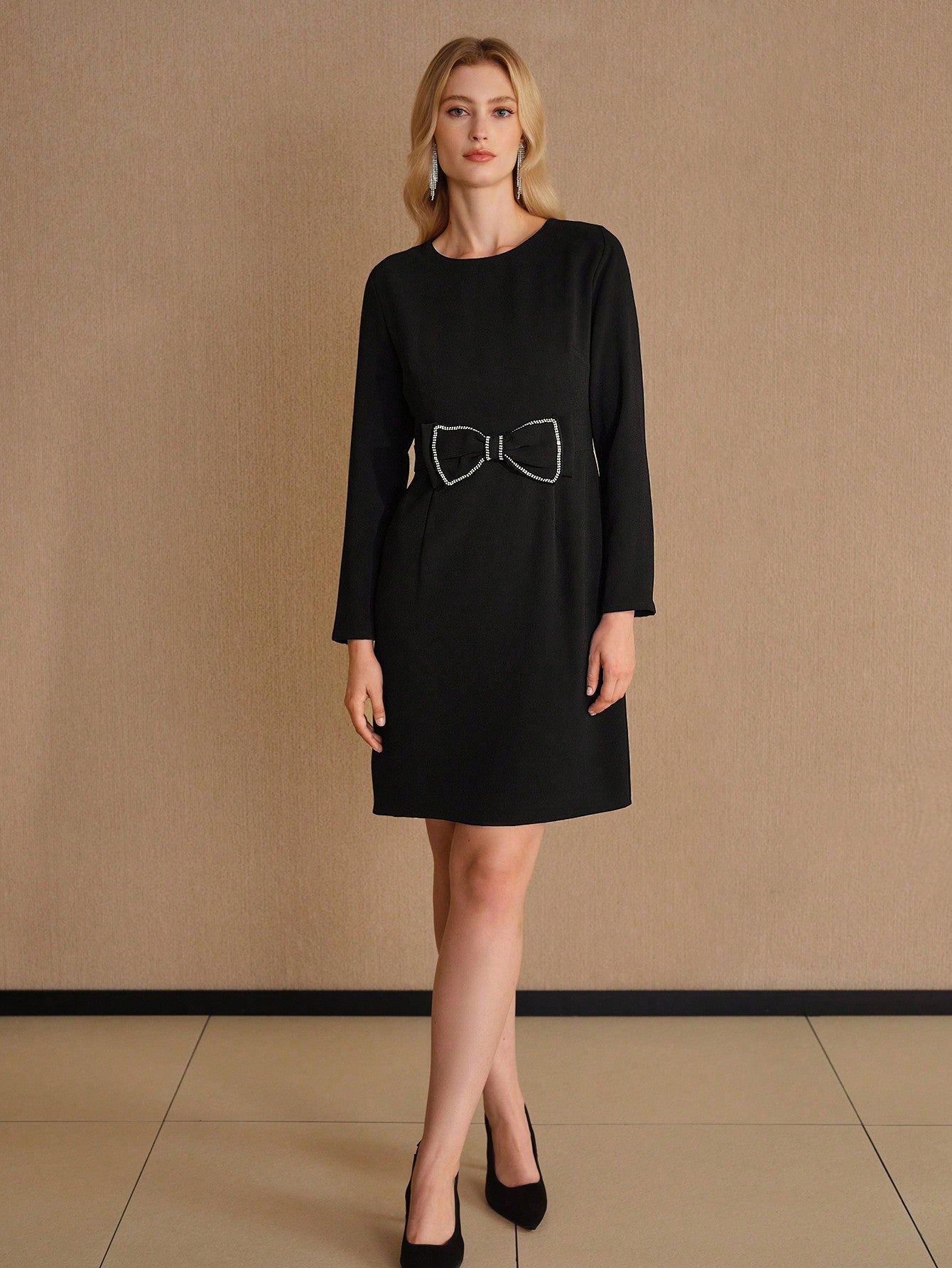 CM-DS614663 Women Elegant Seoul Style Round Neck Long Sleeve Rhinestone Bow Waist Short Dress - Black
