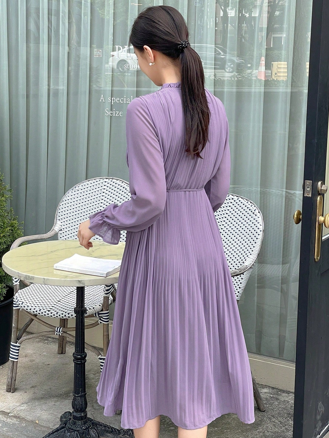 CM-DS351168 Women Casual Seoul Style Solid Color Ruched Long Sleeve Dress - Purple