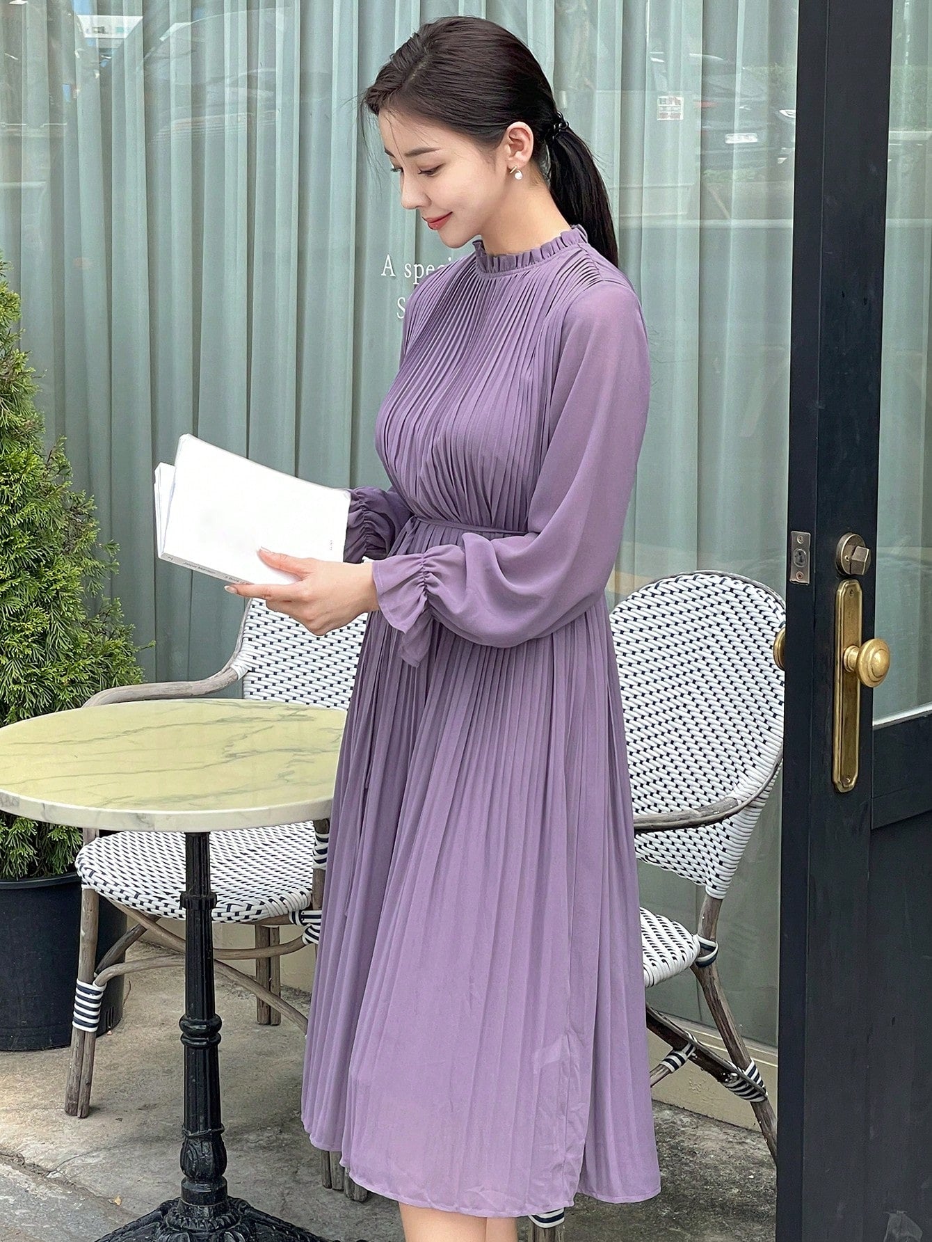CM-DS351168 Women Casual Seoul Style Solid Color Ruched Long Sleeve Dress - Purple