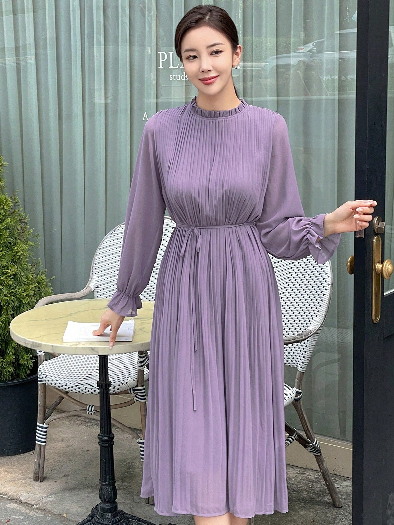 CM-DS351168 Women Casual Seoul Style Solid Color Ruched Long Sleeve Dress - Purple