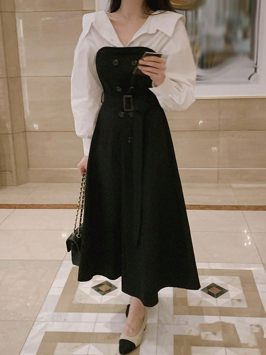 CM-DS114333 Women Elegant Seoul Style 2 In 1 Long Sleeve Mid-Length Windbreaker Dress