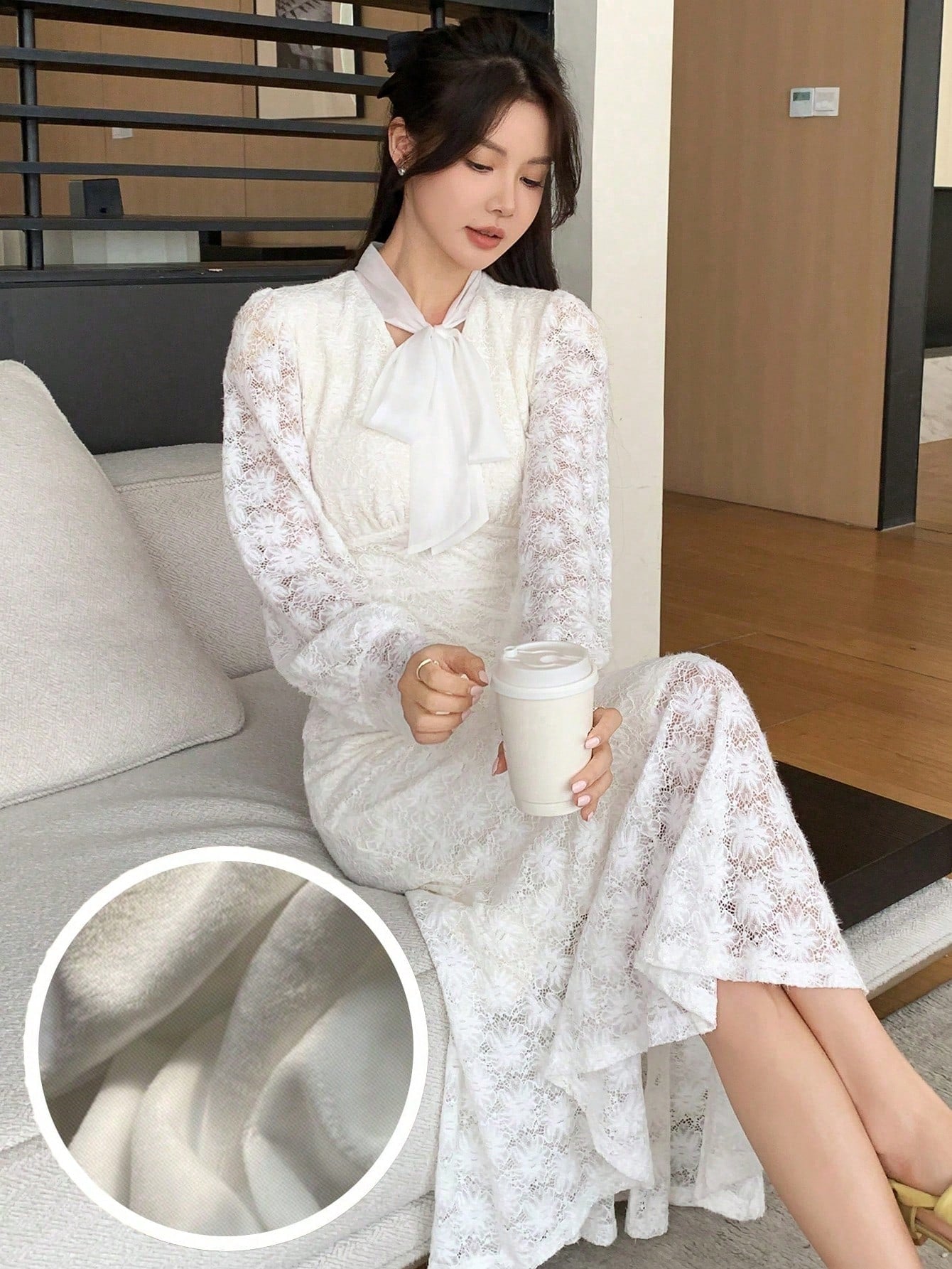 CM-DS535255 Women Elegant Seoul Style Tie Neck Long Sleeve Lace-Up A-Line Dress - White