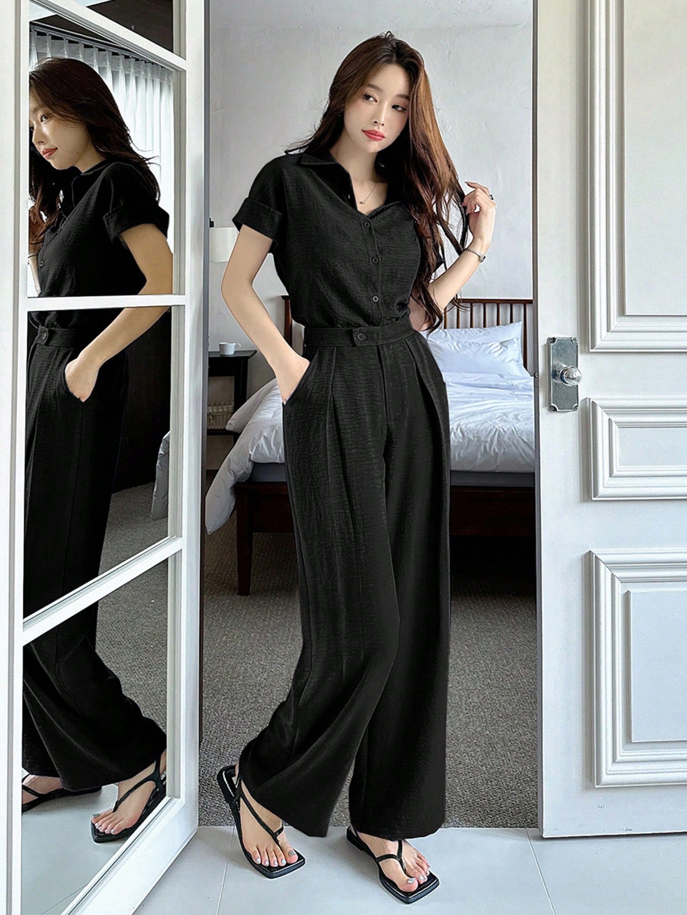 CM-SS546688 Women Casual Seoul Style Solid Color Collar Neckline Batwing Sleeve Blouse With Wide Leg Pants - Set