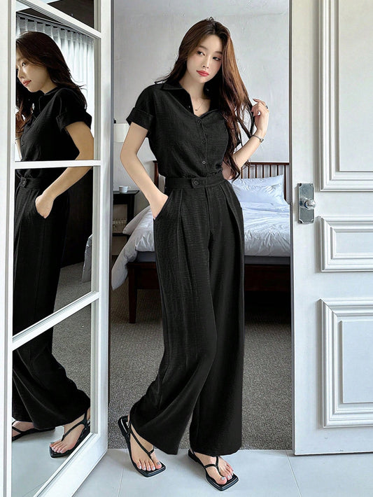 CM-SS546688 Women Casual Seoul Style Solid Color Collar Neckline Batwing Sleeve Blouse With Wide Leg Pants - Set