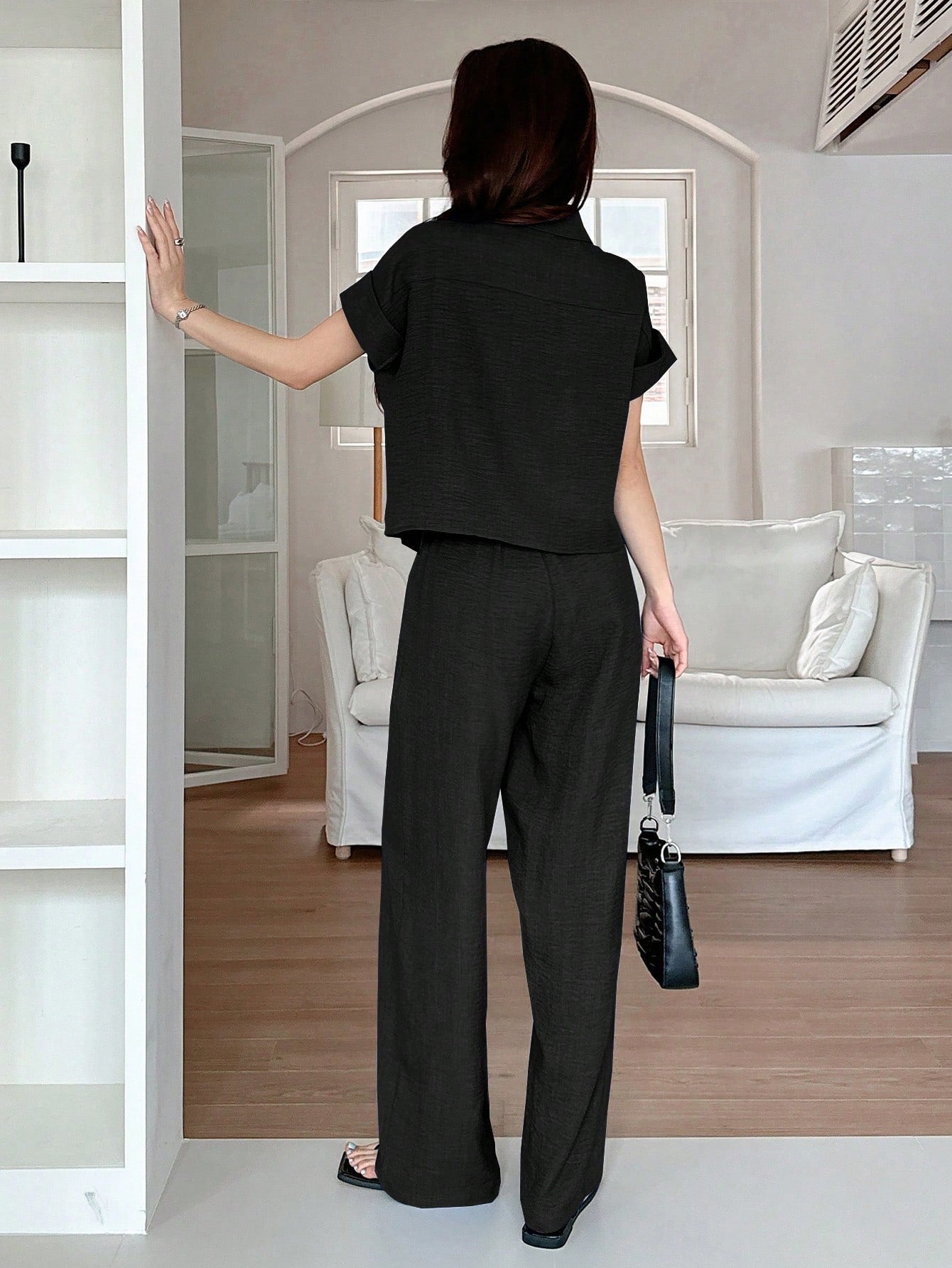 CM-SS546688 Women Casual Seoul Style Solid Color Collar Neckline Batwing Sleeve Blouse With Wide Leg Pants - Set