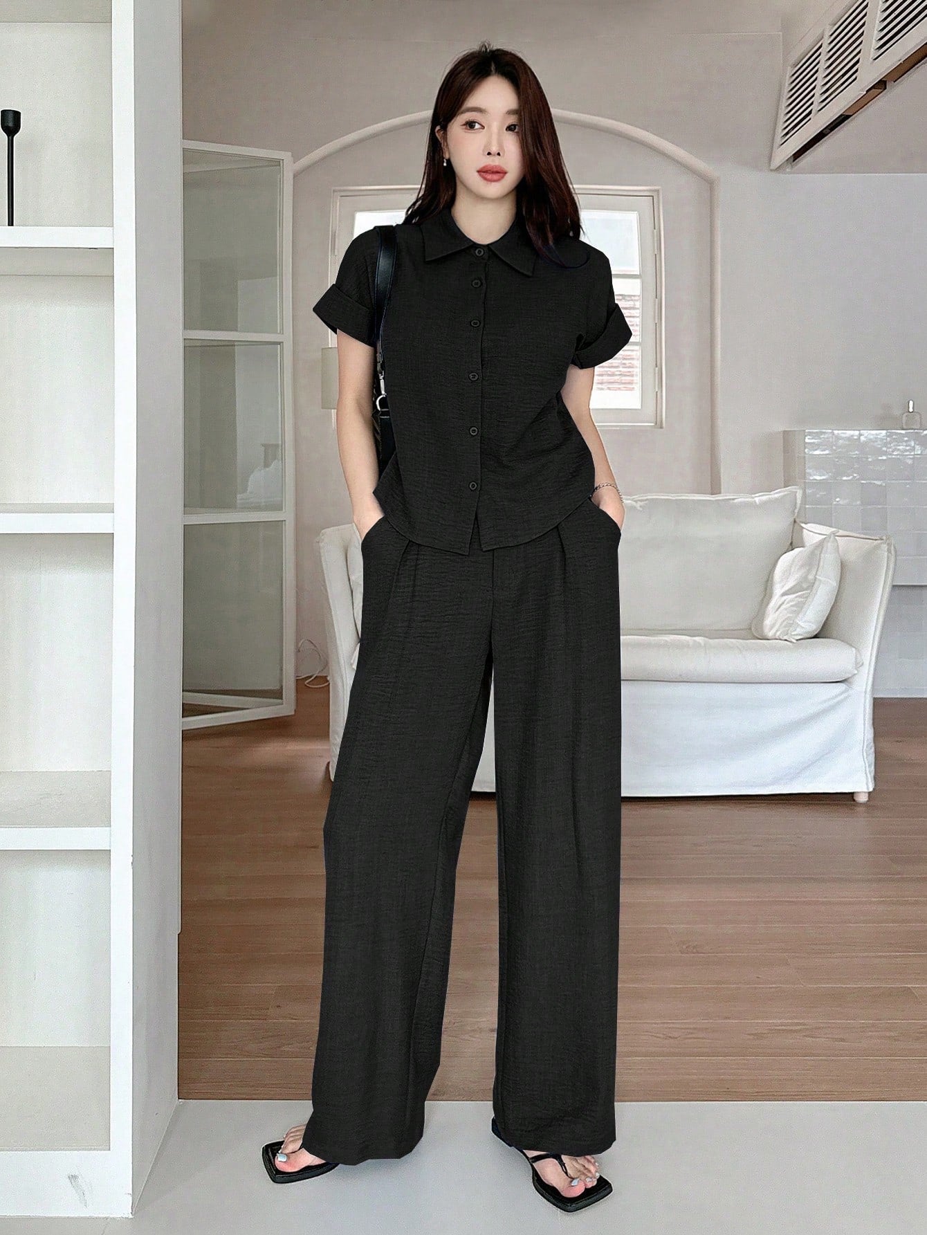CM-SS546688 Women Casual Seoul Style Solid Color Collar Neckline Batwing Sleeve Blouse With Wide Leg Pants - Set