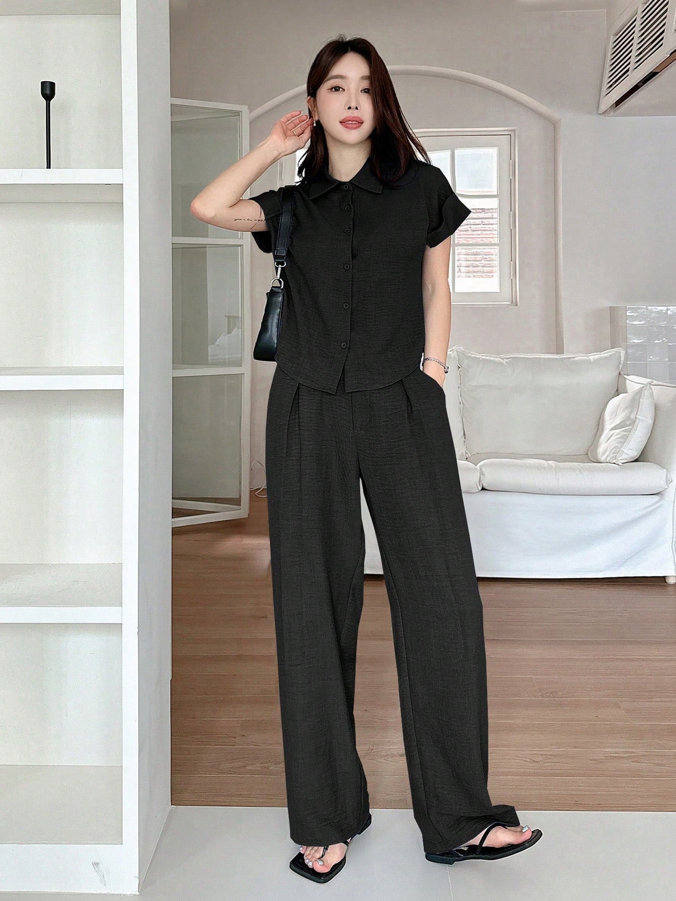 CM-SS546688 Women Casual Seoul Style Solid Color Collar Neckline Batwing Sleeve Blouse With Wide Leg Pants - Set