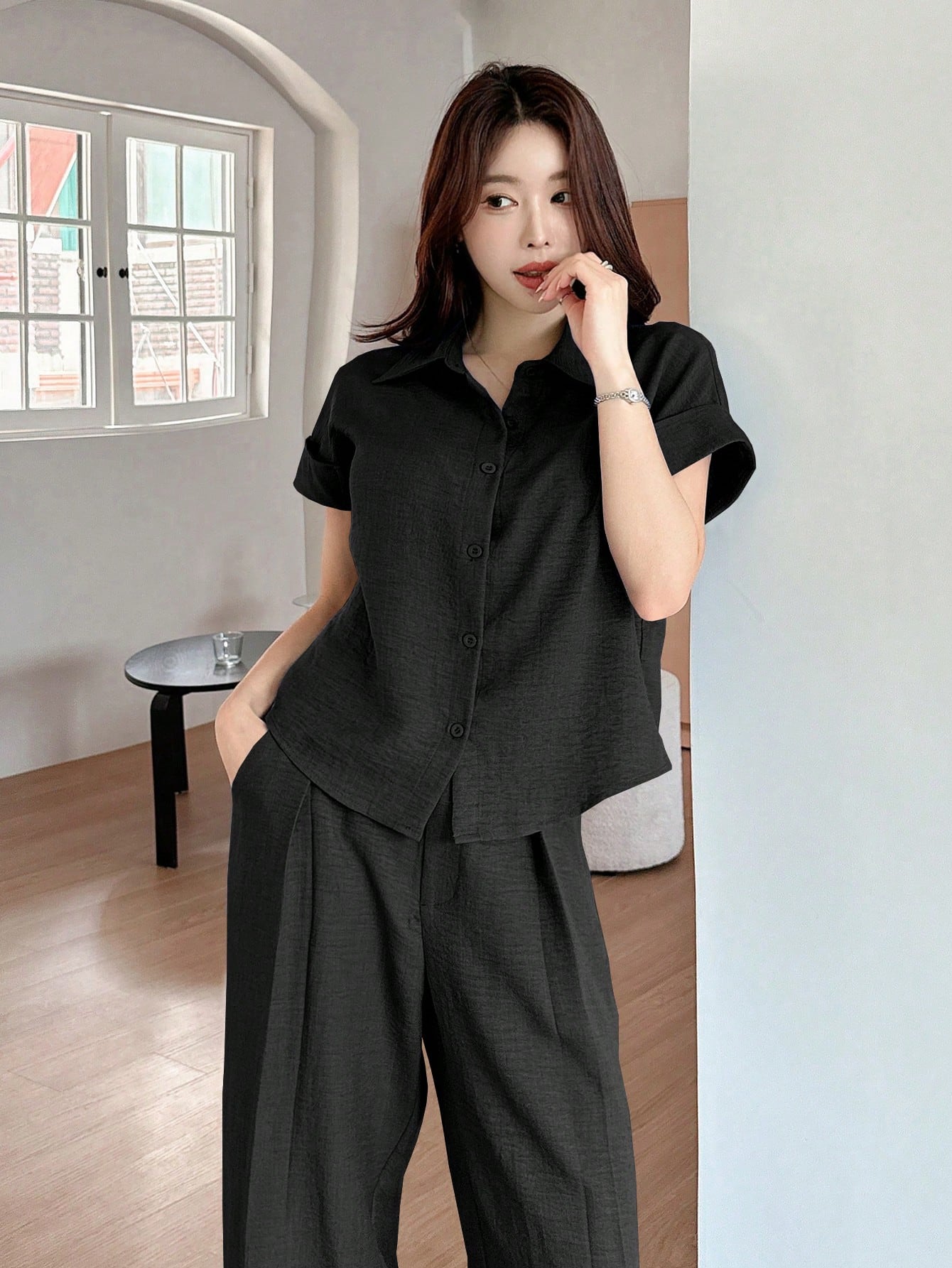 CM-SS546688 Women Casual Seoul Style Solid Color Collar Neckline Batwing Sleeve Blouse With Wide Leg Pants - Set