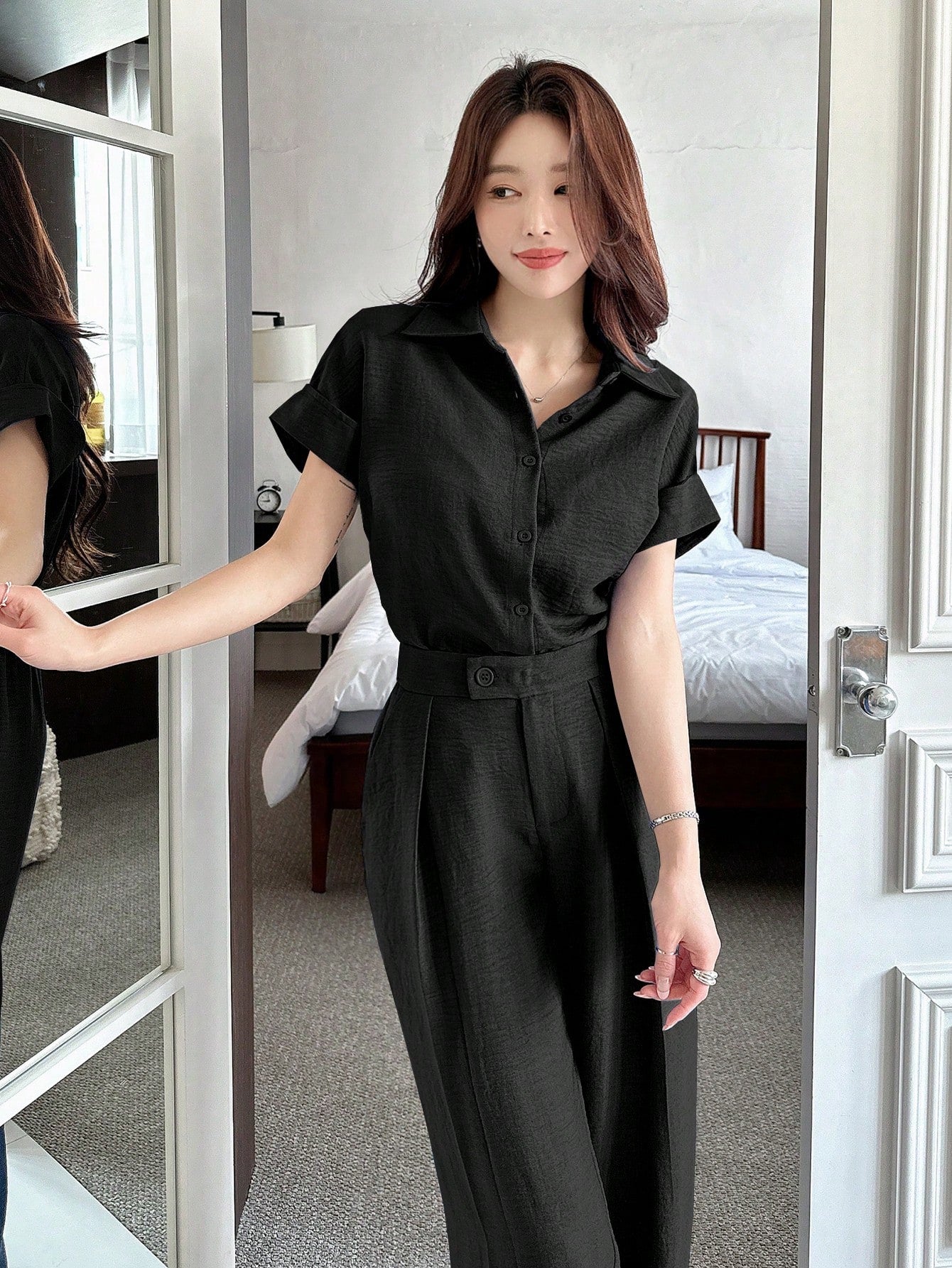 CM-SS546688 Women Casual Seoul Style Solid Color Collar Neckline Batwing Sleeve Blouse With Wide Leg Pants - Set