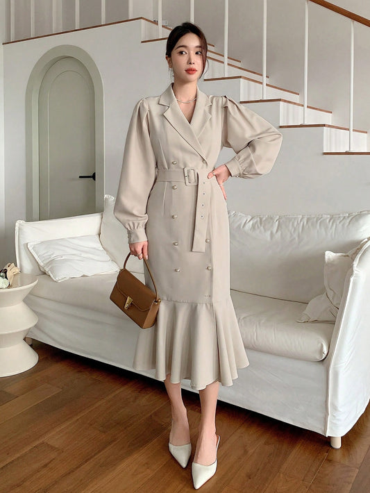 CM-DS322804 Women Elegant Seoul Style Solid Color Double-Breasted Fishtail Long Sleeve Dress