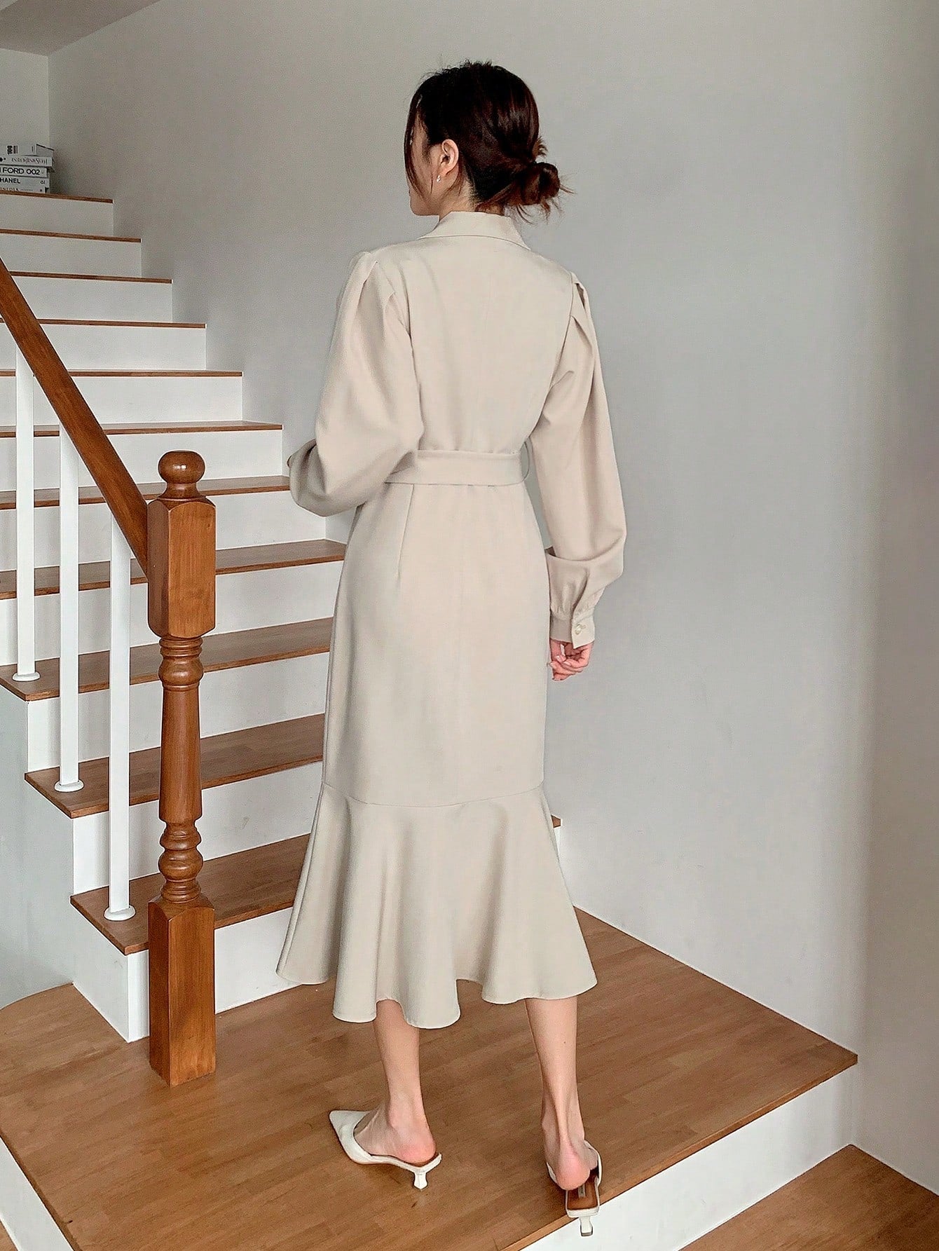 CM-DS322804 Women Elegant Seoul Style Solid Color Double-Breasted Fishtail Long Sleeve Dress