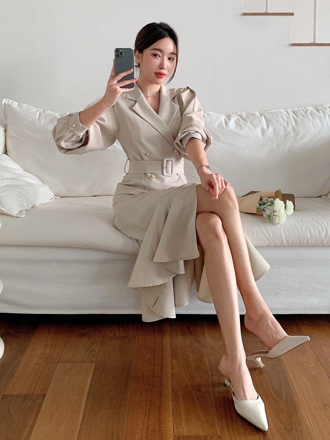 CM-DS322804 Women Elegant Seoul Style Solid Color Double-Breasted Fishtail Long Sleeve Dress