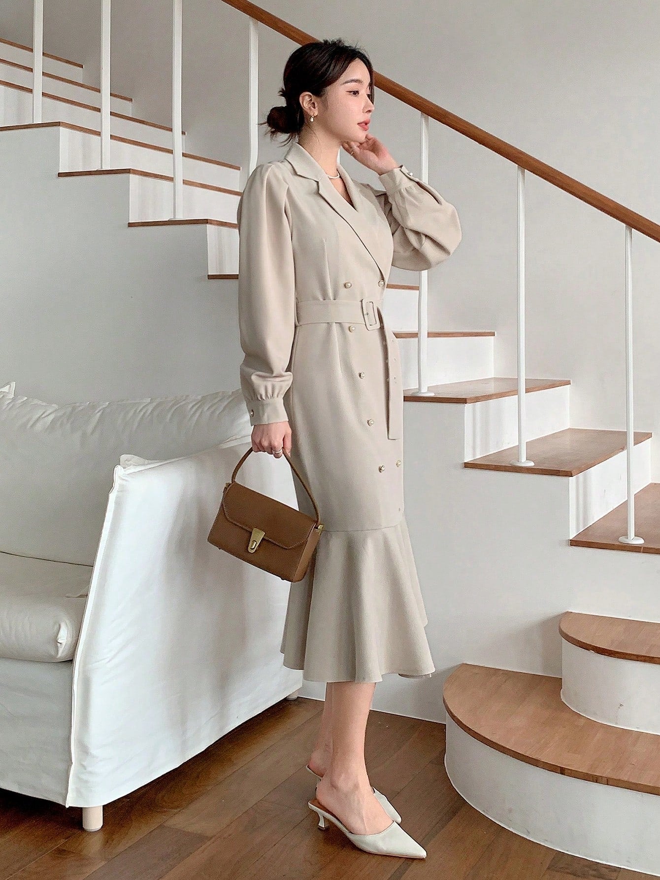 CM-DS322804 Women Elegant Seoul Style Solid Color Double-Breasted Fishtail Long Sleeve Dress