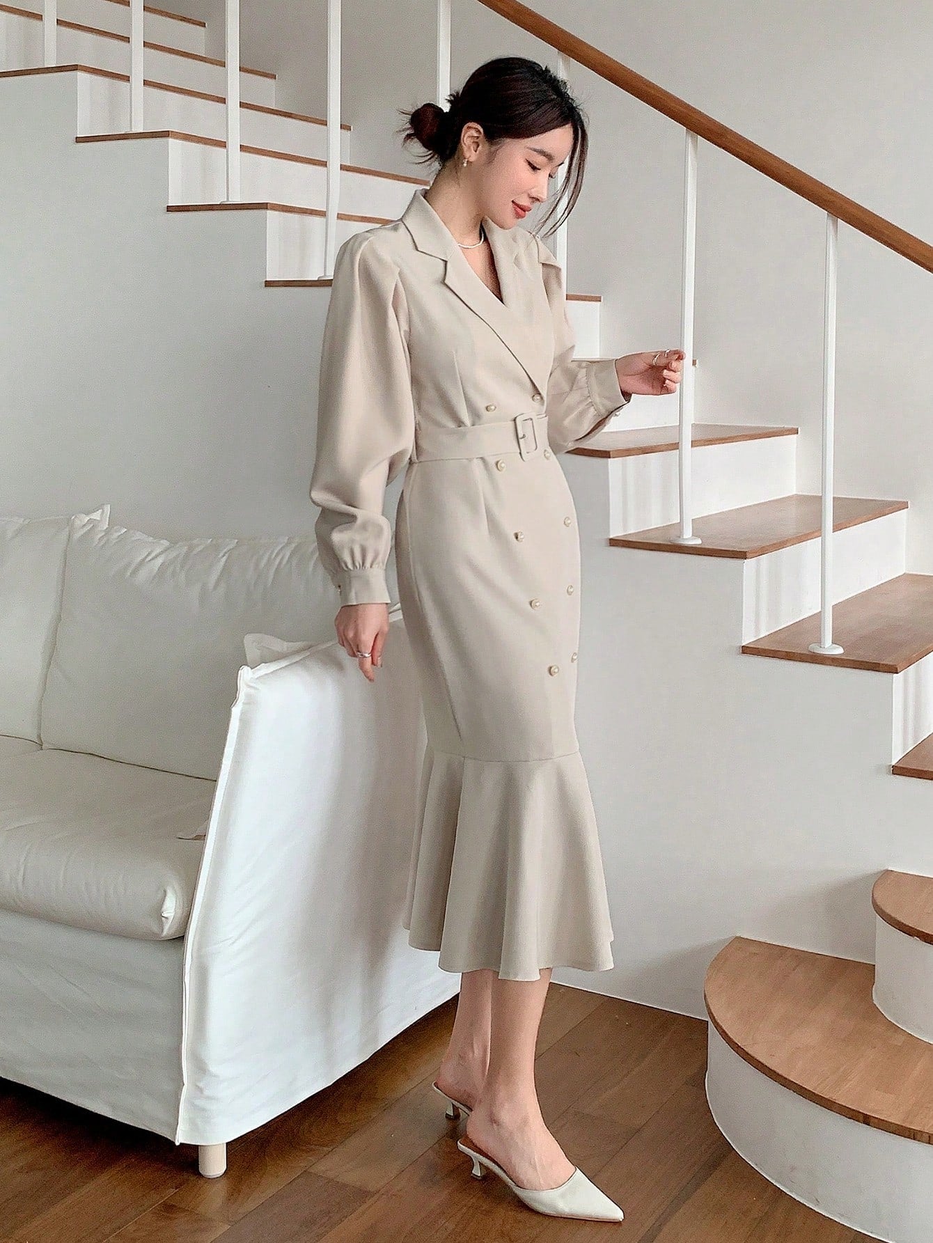 CM-DS322804 Women Elegant Seoul Style Solid Color Double-Breasted Fishtail Long Sleeve Dress