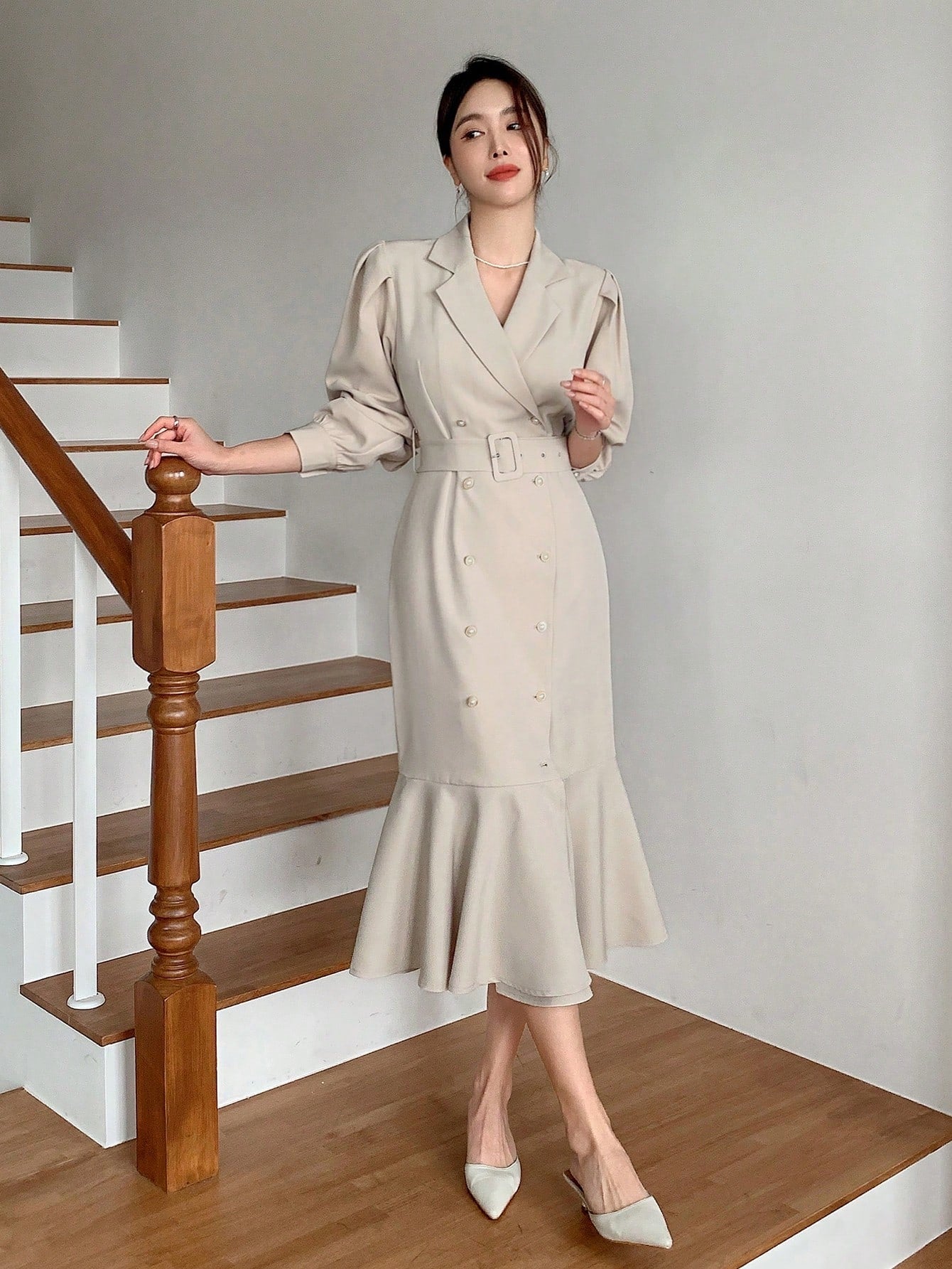 CM-DS322804 Women Elegant Seoul Style Solid Color Double-Breasted Fishtail Long Sleeve Dress