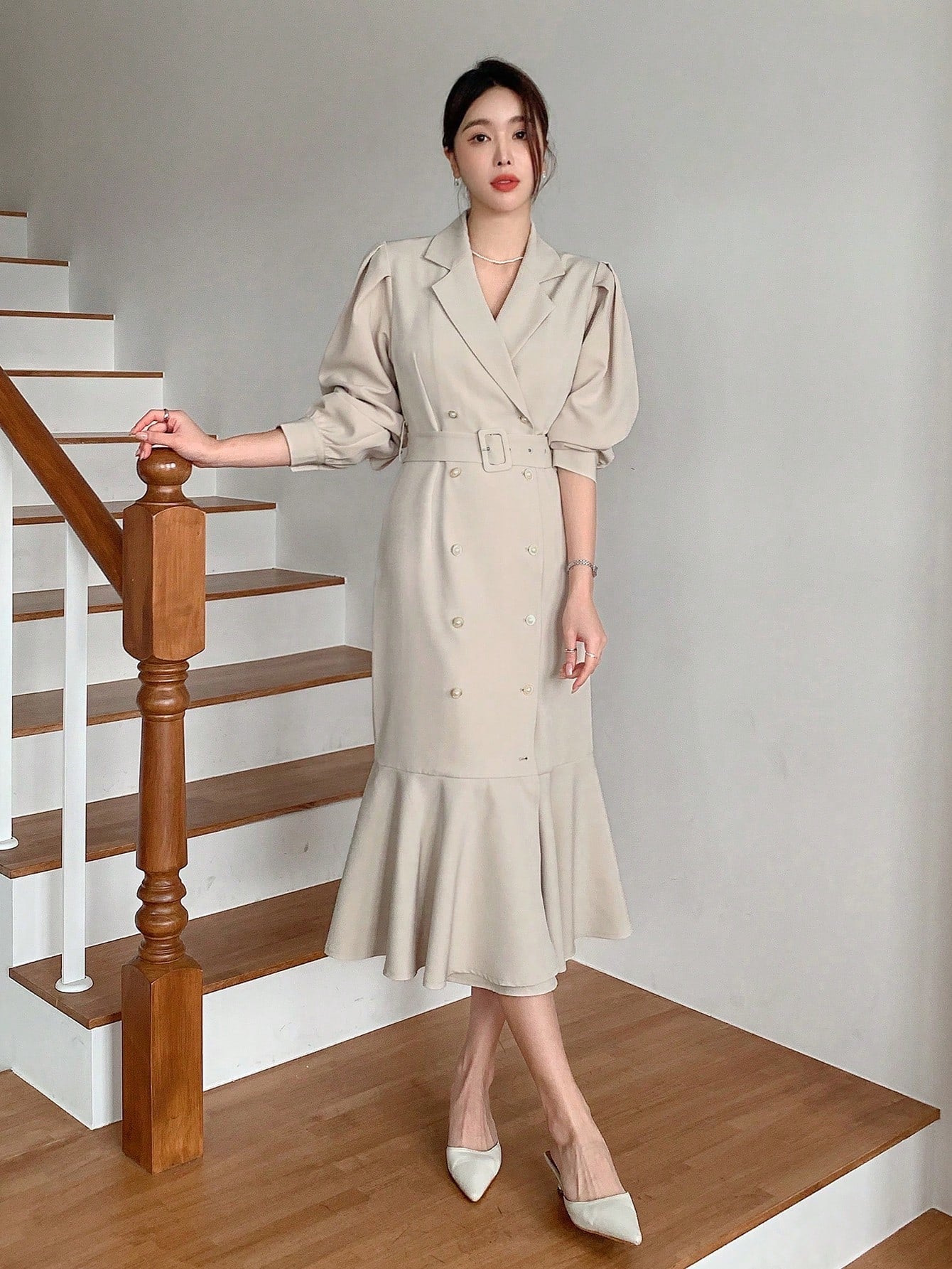 CM-DS322804 Women Elegant Seoul Style Solid Color Double-Breasted Fishtail Long Sleeve Dress