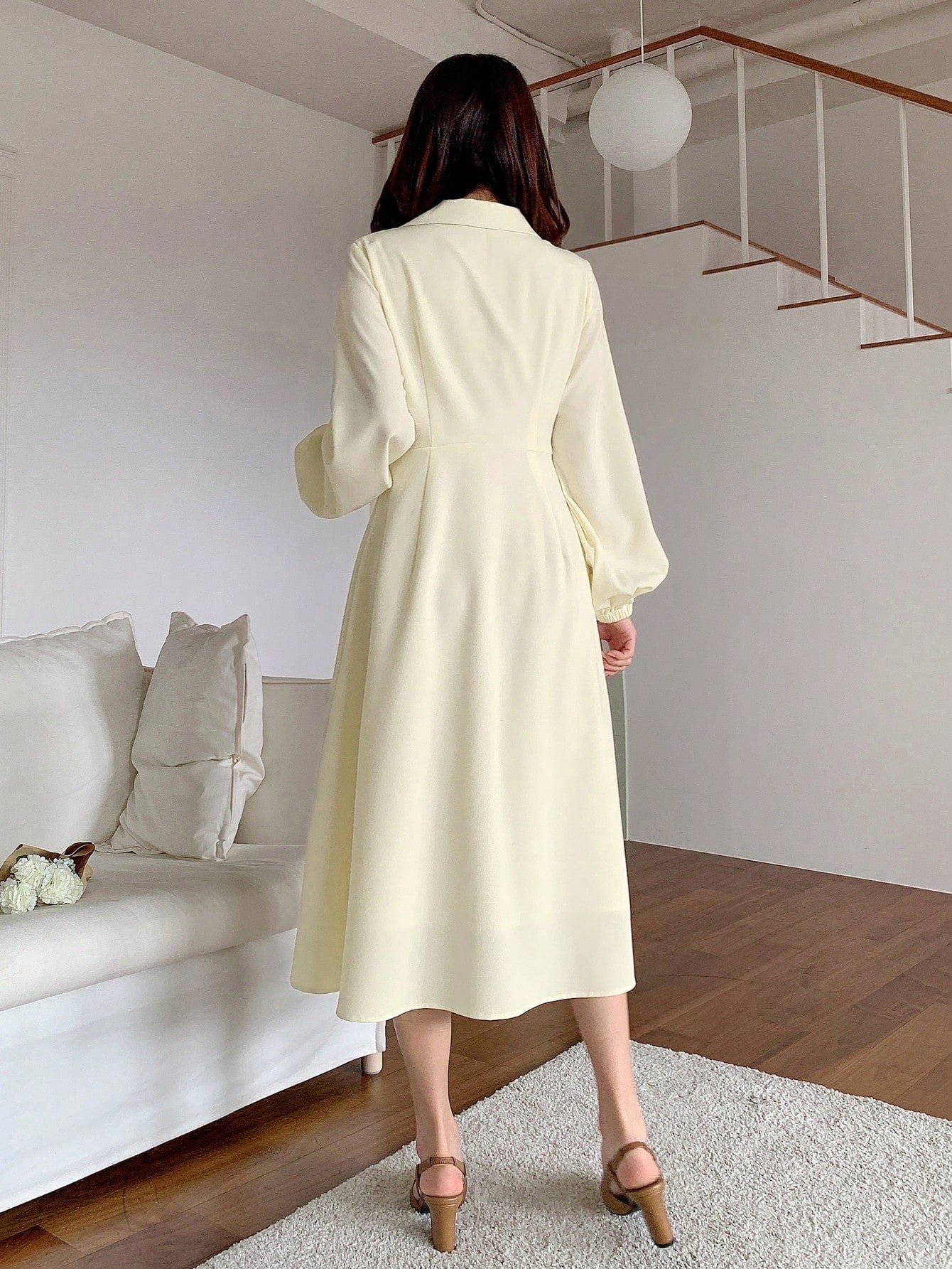 CM-DS926736 Women Casual Seoul Style Solid Color Collar Neckline Long Sleeve Shirt Dress - Beige