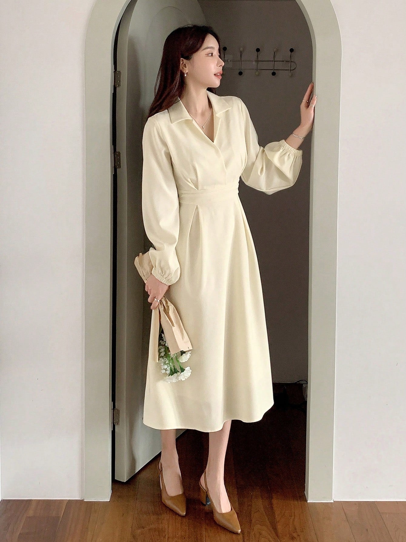 CM-DS926736 Women Casual Seoul Style Solid Color Collar Neckline Long Sleeve Shirt Dress - Beige