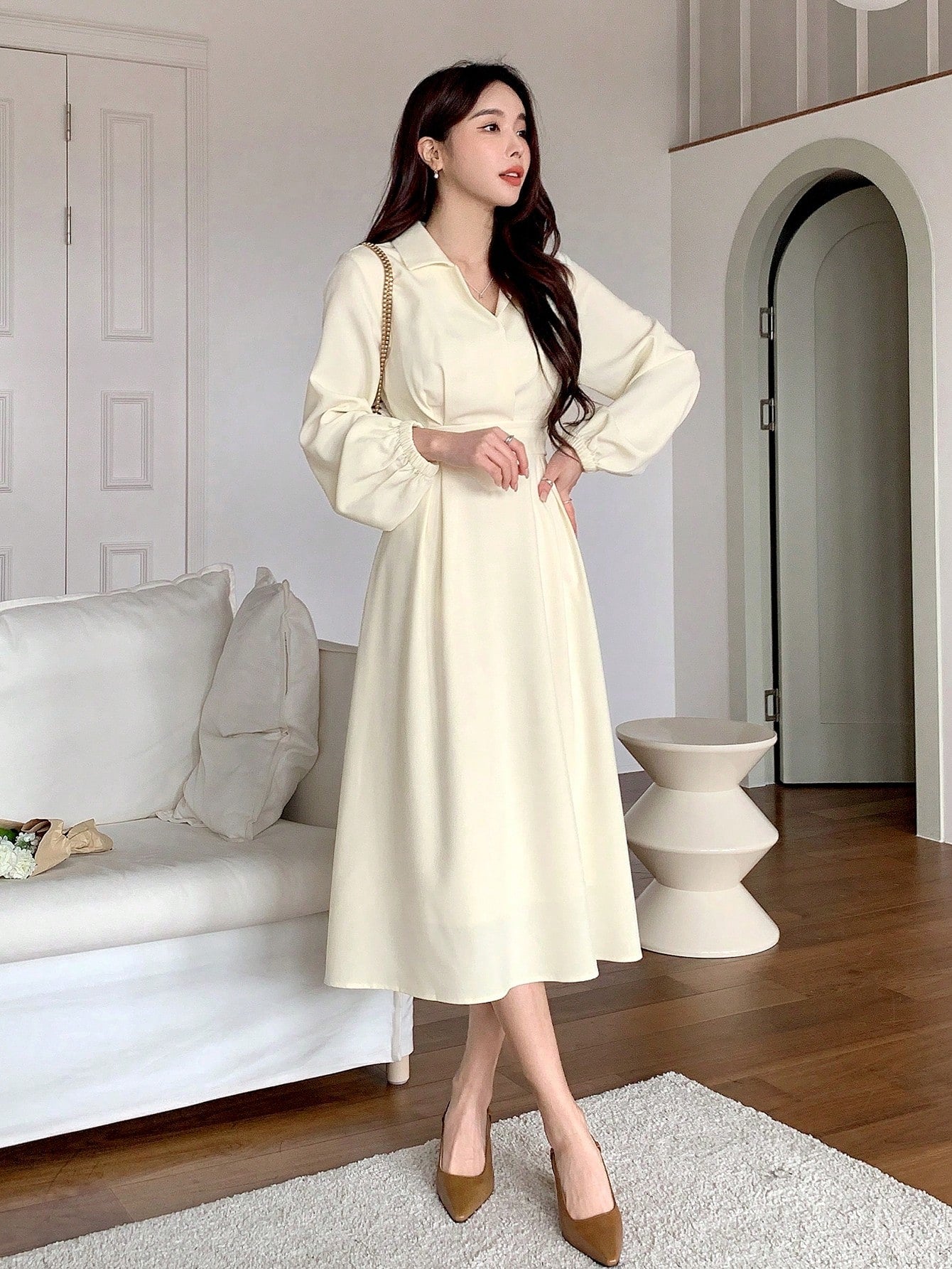 CM-DS926736 Women Casual Seoul Style Solid Color Collar Neckline Long Sleeve Shirt Dress - Beige