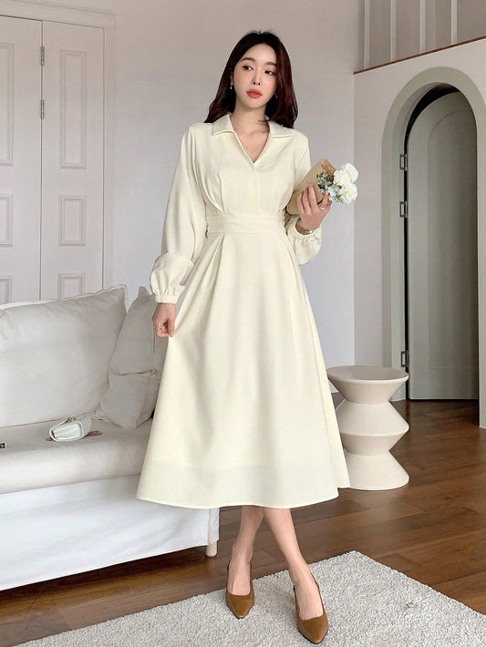 CM-DS926736 Women Casual Seoul Style Solid Color Collar Neckline Long Sleeve Shirt Dress - Beige