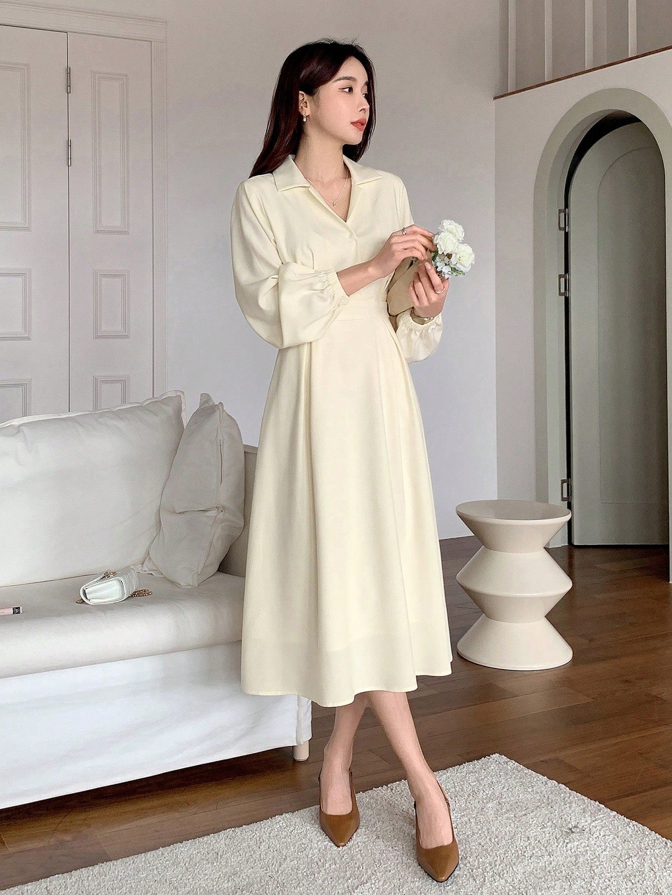 CM-DS926736 Women Casual Seoul Style Solid Color Collar Neckline Long Sleeve Shirt Dress - Beige