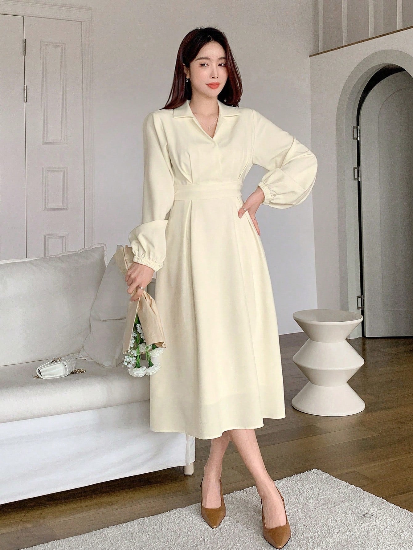 CM-DS926736 Women Casual Seoul Style Solid Color Collar Neckline Long Sleeve Shirt Dress - Beige