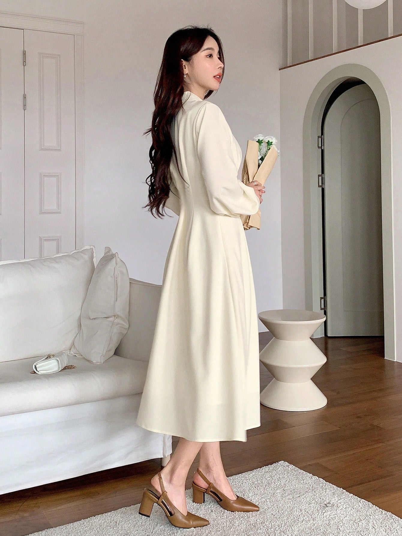 CM-DS926736 Women Casual Seoul Style Solid Color Collar Neckline Long Sleeve Shirt Dress - Beige
