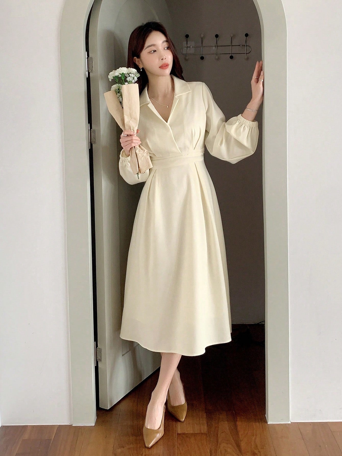 CM-DS926736 Women Casual Seoul Style Solid Color Collar Neckline Long Sleeve Shirt Dress - Beige