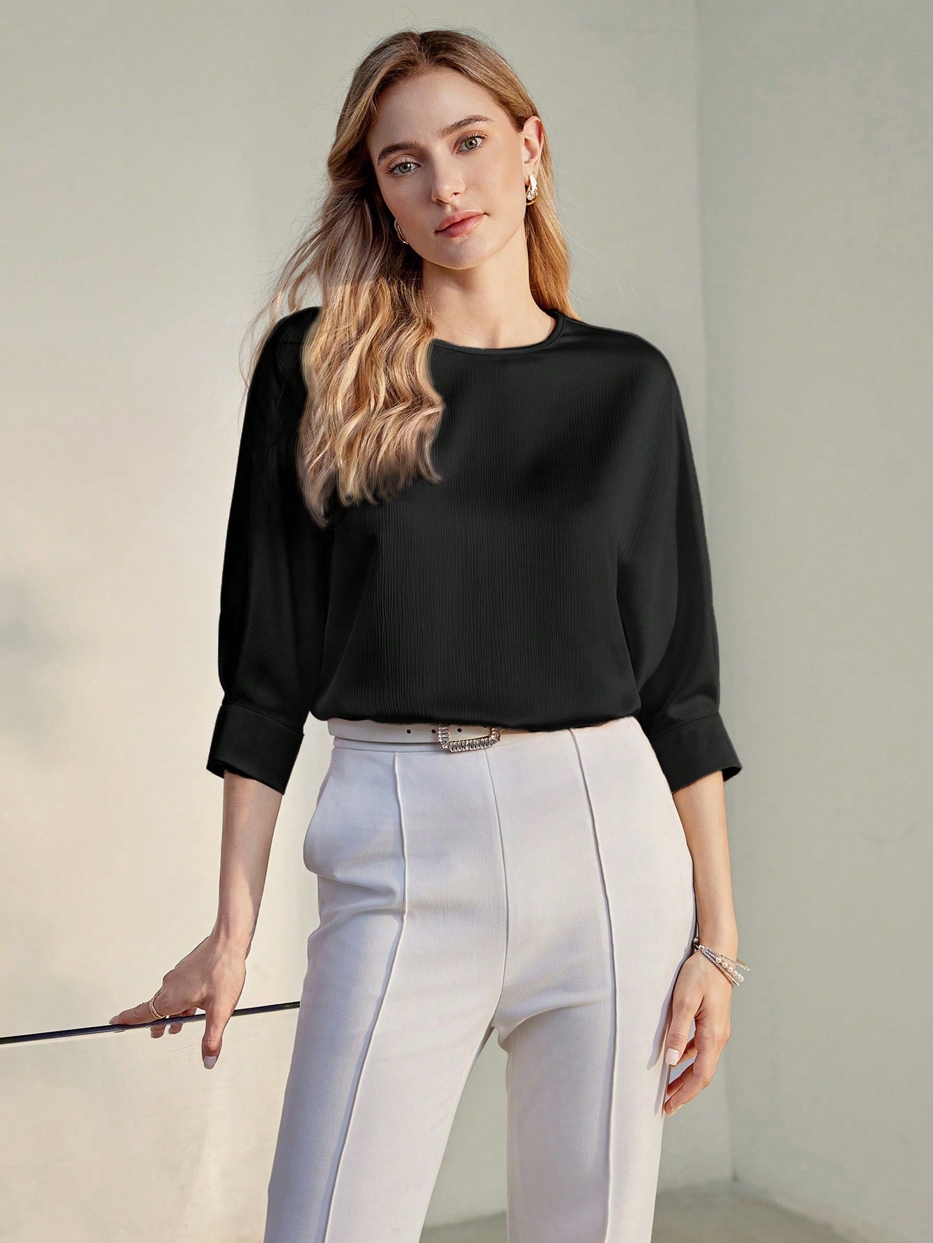 CM-TS446039 Women Casual Seoul Style Solid Keyhole Back Round Neck Half Sleeve Blouse - Black