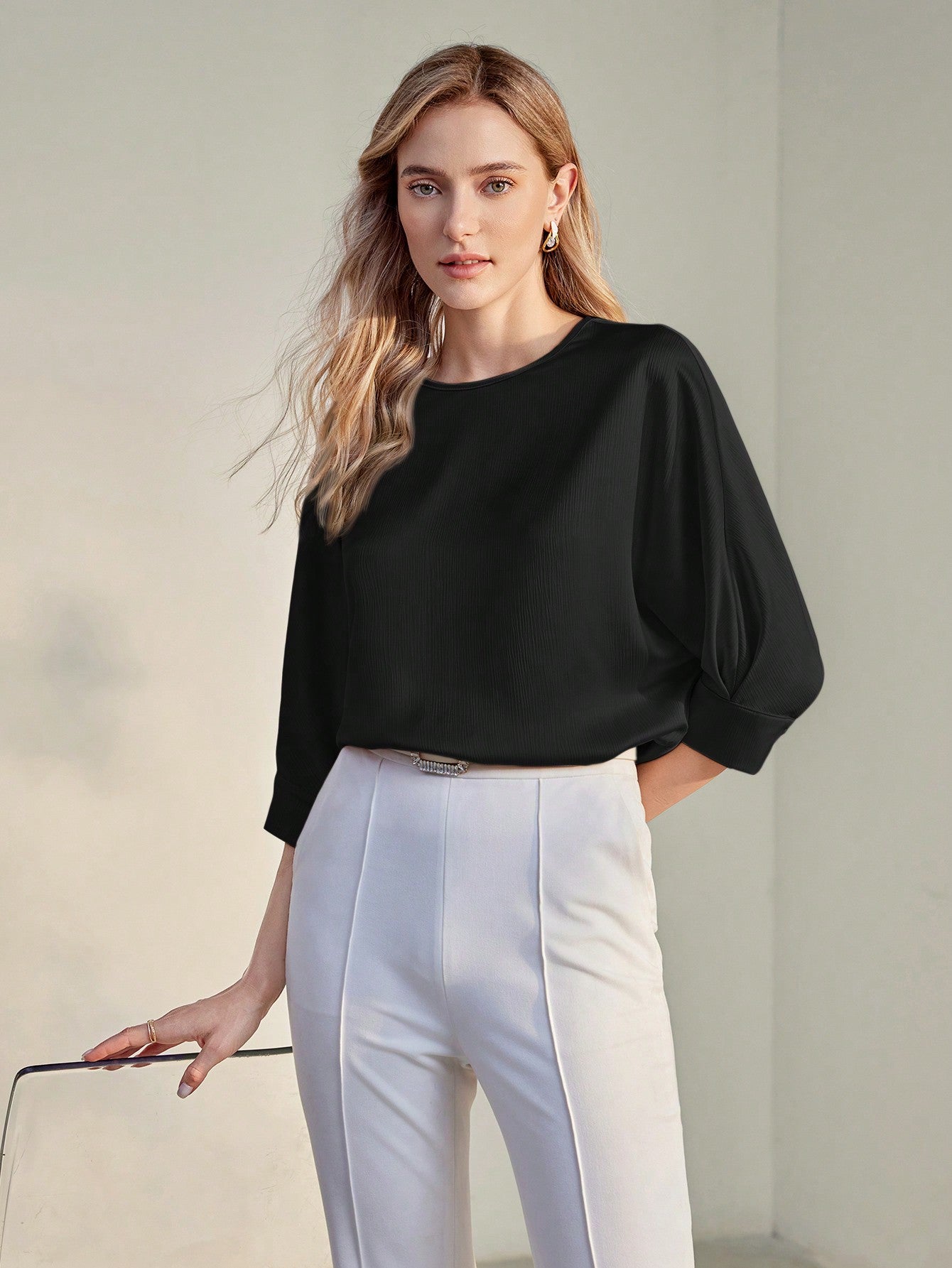 CM-TS446039 Women Casual Seoul Style Solid Keyhole Back Round Neck Half Sleeve Blouse - Black