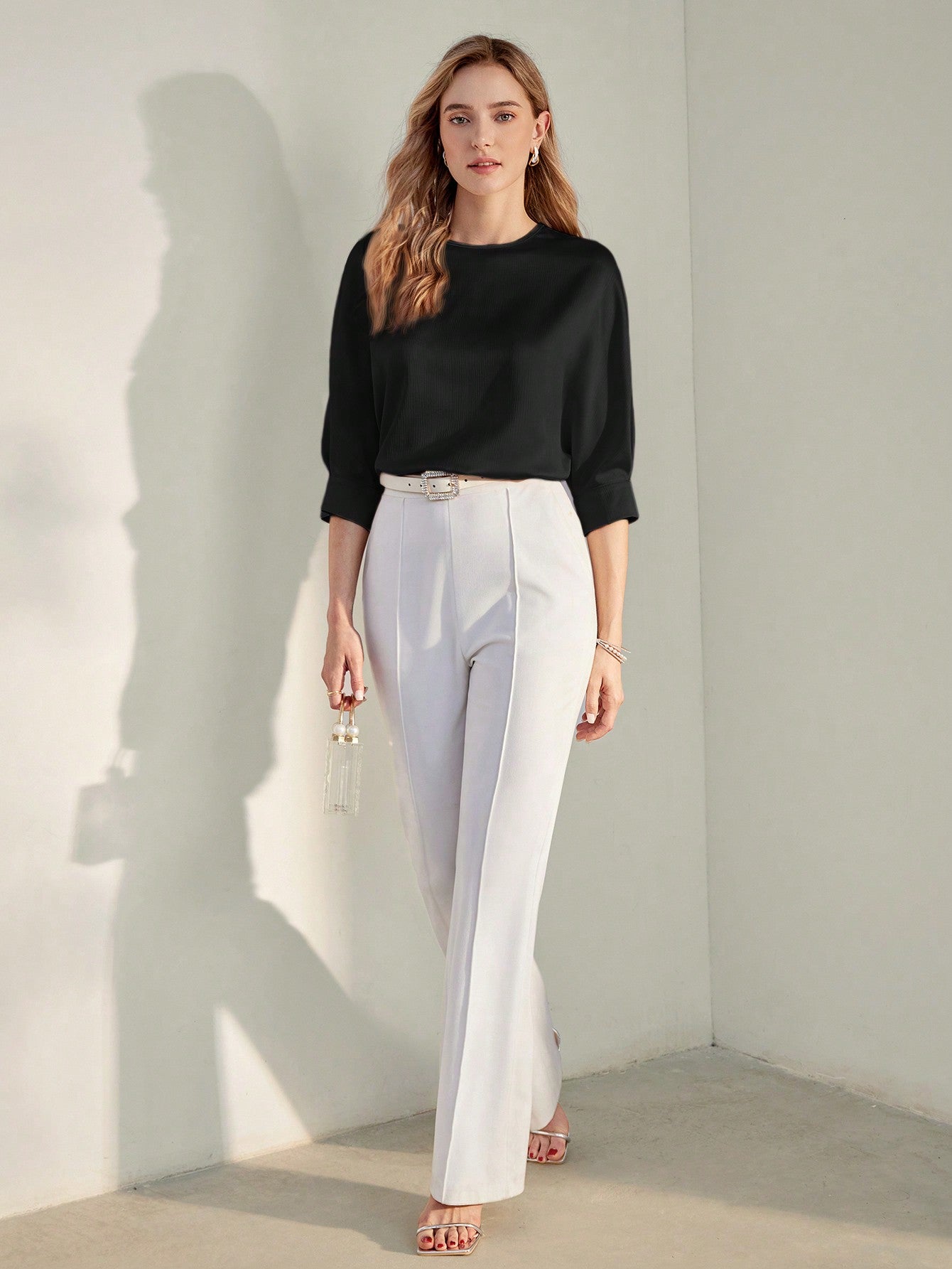 CM-TS446039 Women Casual Seoul Style Solid Keyhole Back Round Neck Half Sleeve Blouse - Black