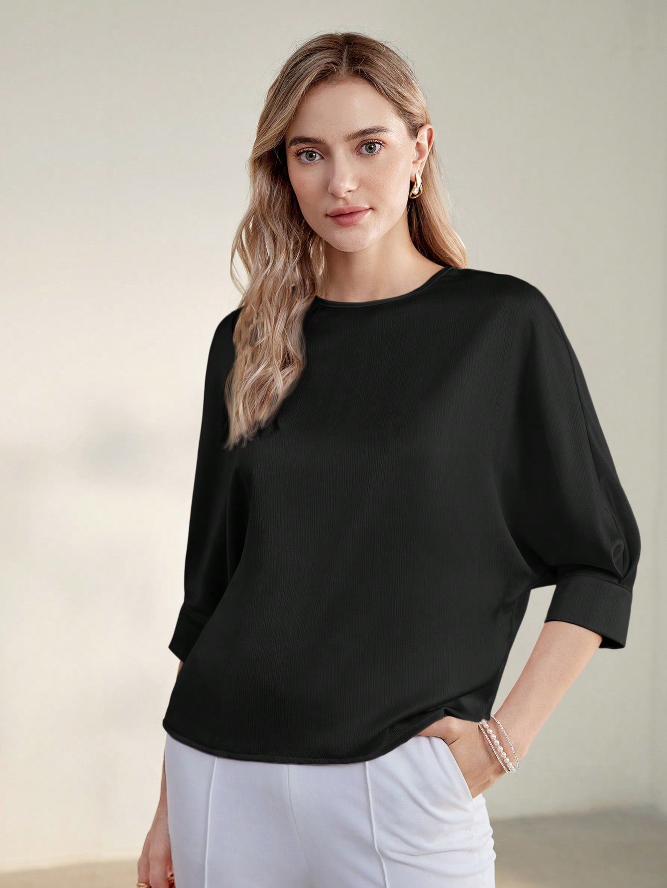 CM-TS446039 Women Casual Seoul Style Solid Keyhole Back Round Neck Half Sleeve Blouse - Black