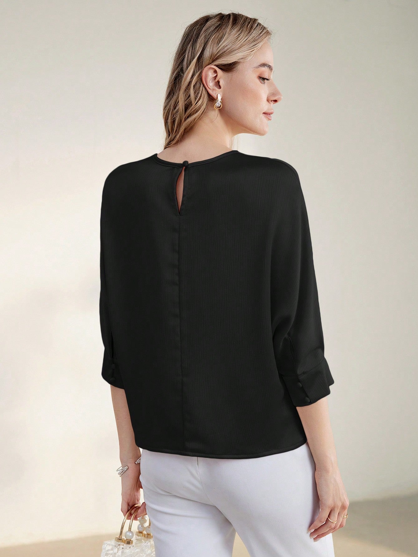 CM-TS446039 Women Casual Seoul Style Solid Keyhole Back Round Neck Half Sleeve Blouse - Black