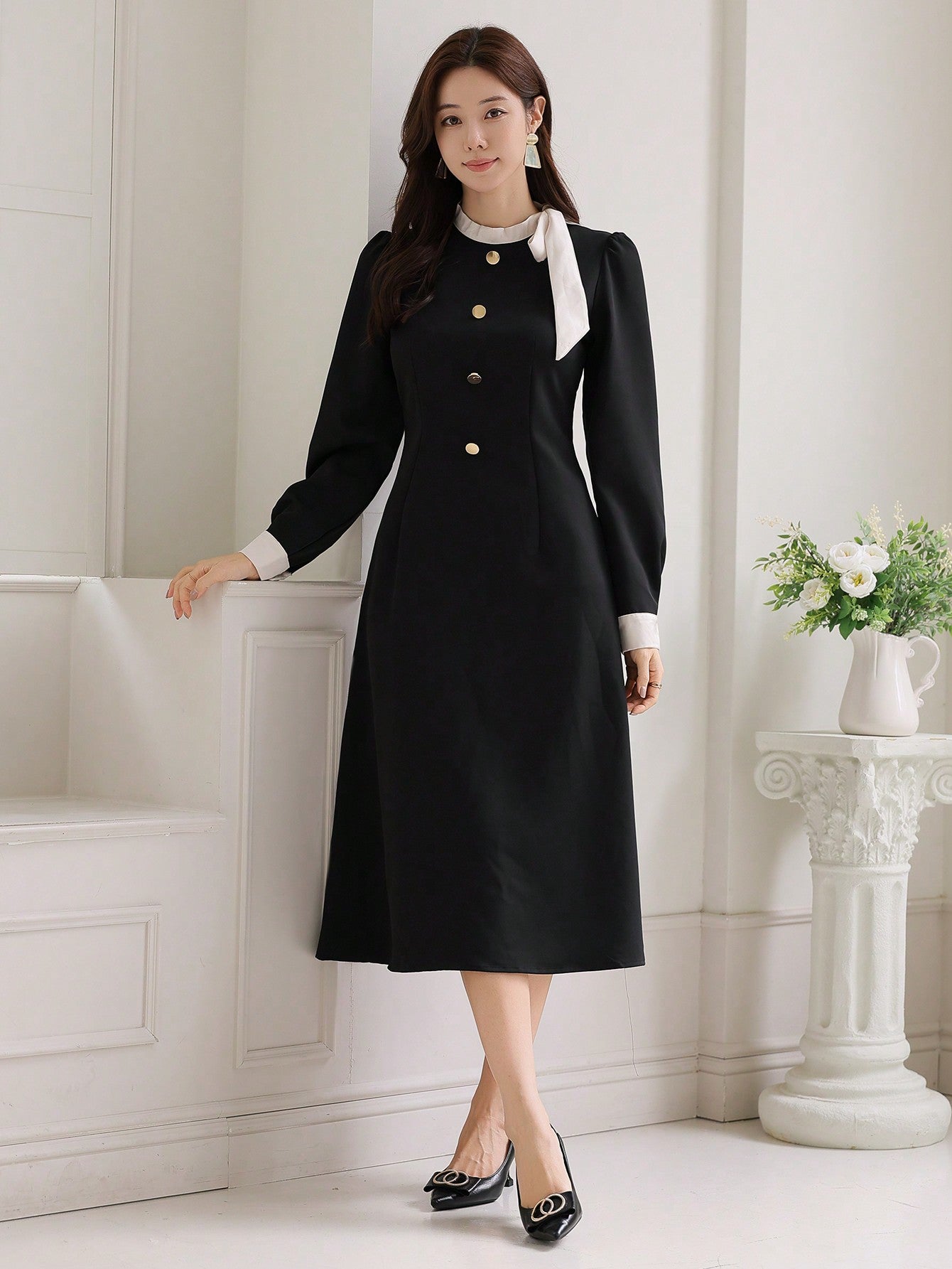 CM-DS592728 Women Elegant Seoul Style Colorblock Stand Collar Long Sleeve Dress - Black