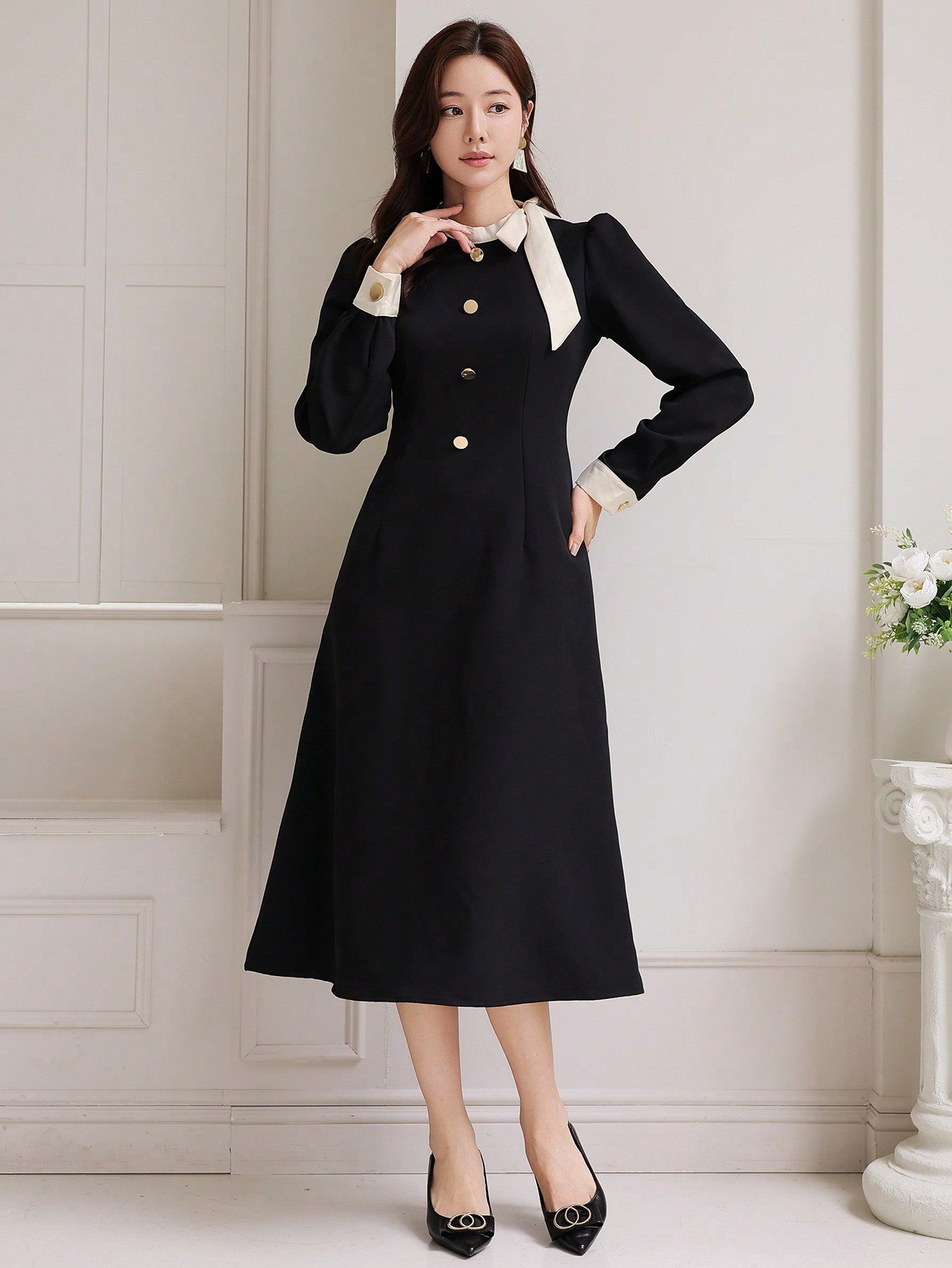 CM-DS592728 Women Elegant Seoul Style Colorblock Stand Collar Long Sleeve Dress - Black