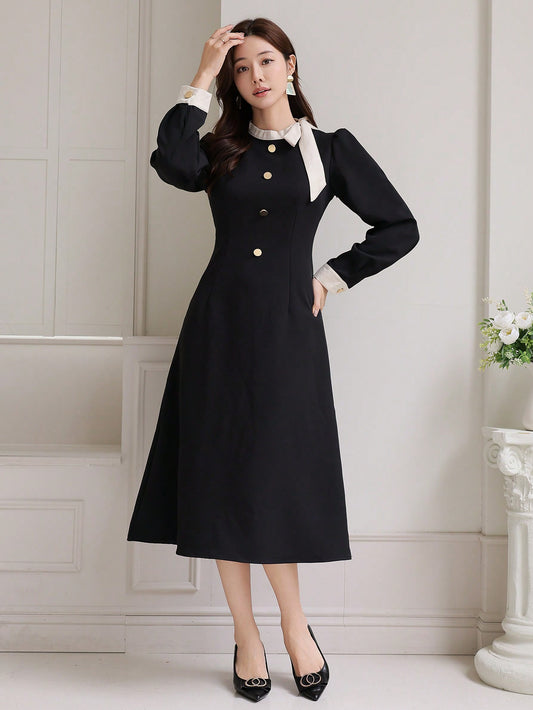 CM-DS592728 Women Elegant Seoul Style Colorblock Stand Collar Long Sleeve Dress - Black