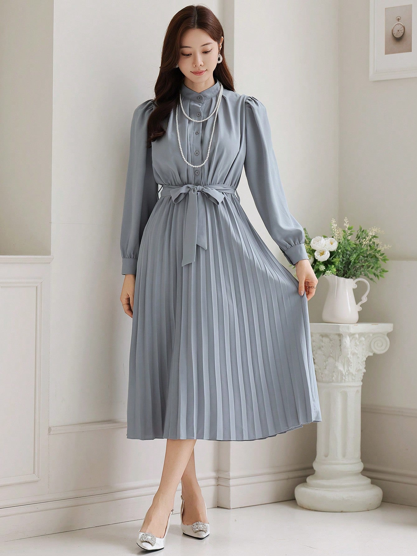 CM-DS738813 Women Elegant Seoul Style Solid Color Pleated Waistband Mid-Length Dress - Blue
