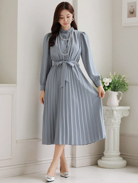 CM-DS738813 Women Elegant Seoul Style Solid Color Pleated Waistband Mid-Length Dress - Blue