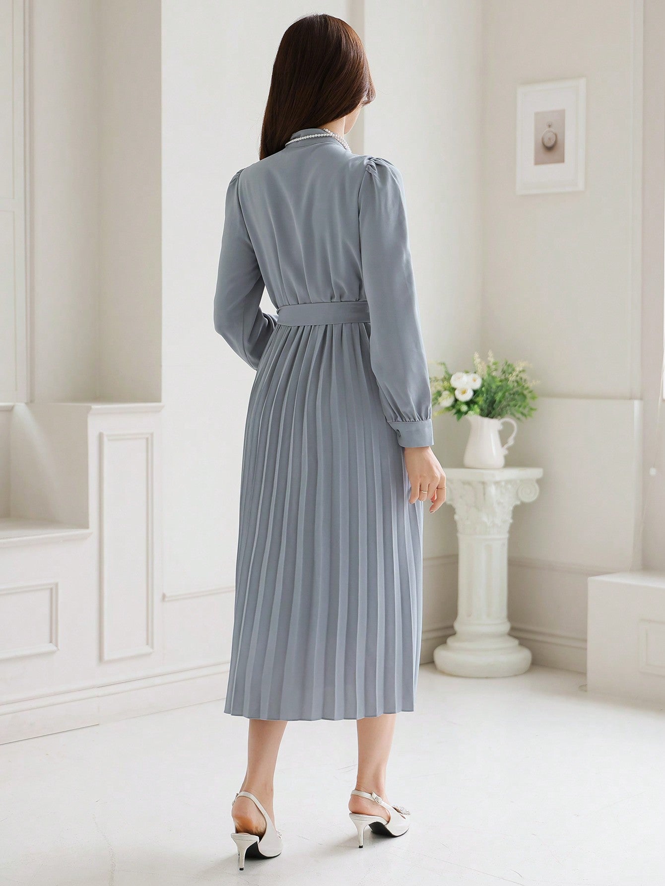 CM-DS738813 Women Elegant Seoul Style Solid Color Pleated Waistband Mid-Length Dress - Blue