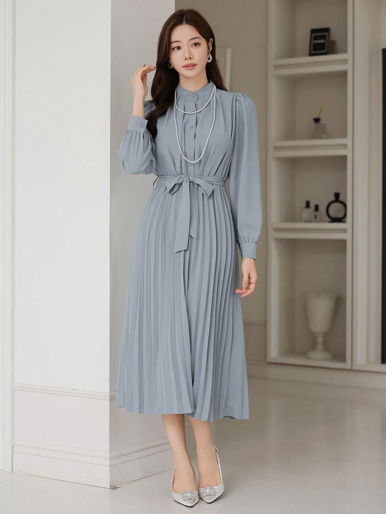 CM-DS738813 Women Elegant Seoul Style Solid Color Pleated Waistband Mid-Length Dress - Blue
