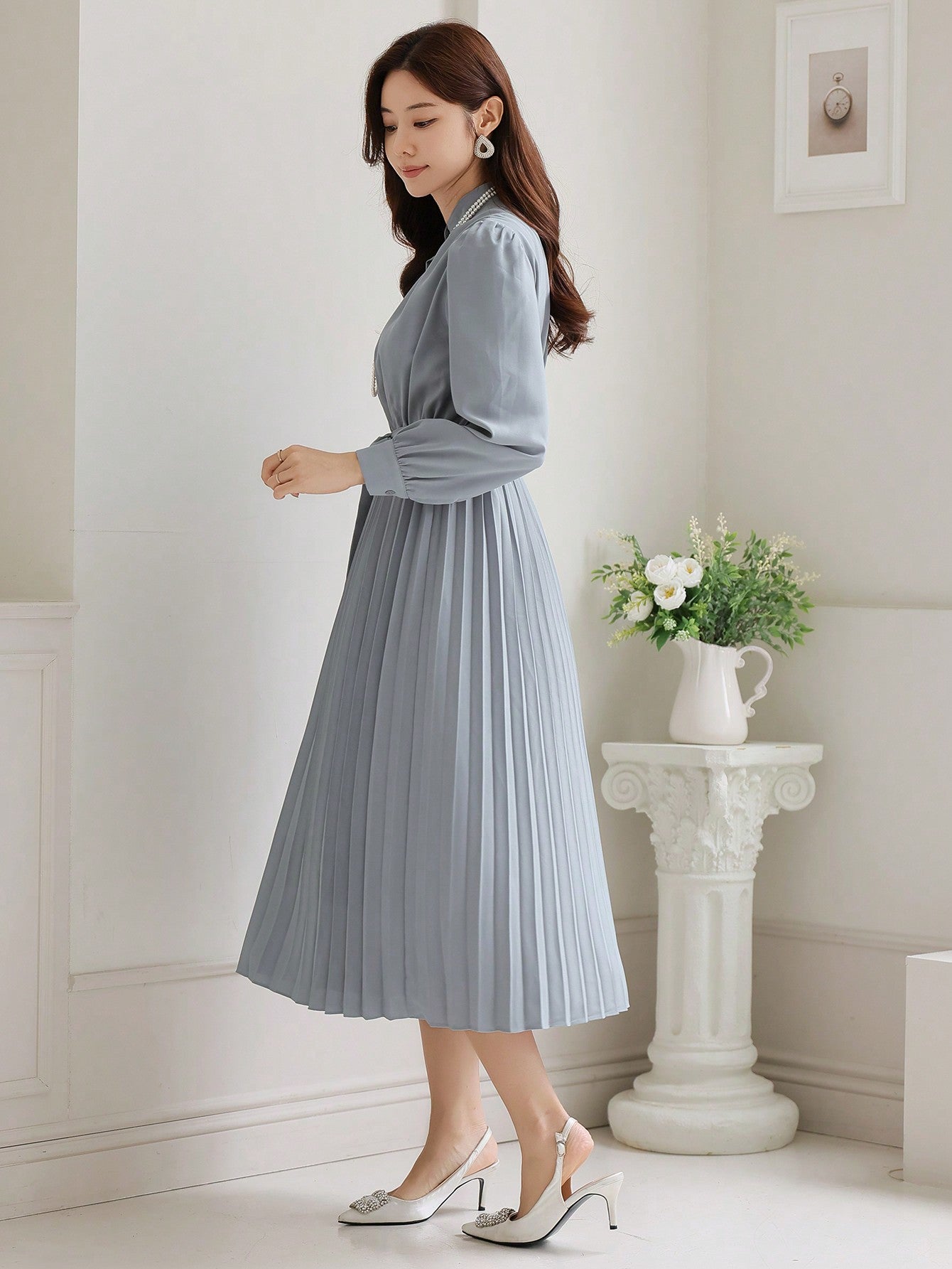 CM-DS738813 Women Elegant Seoul Style Solid Color Pleated Waistband Mid-Length Dress - Blue