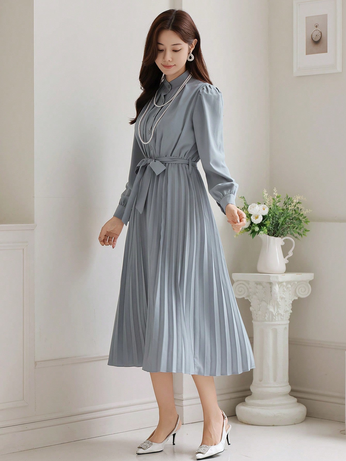 CM-DS738813 Women Elegant Seoul Style Solid Color Pleated Waistband Mid-Length Dress - Blue