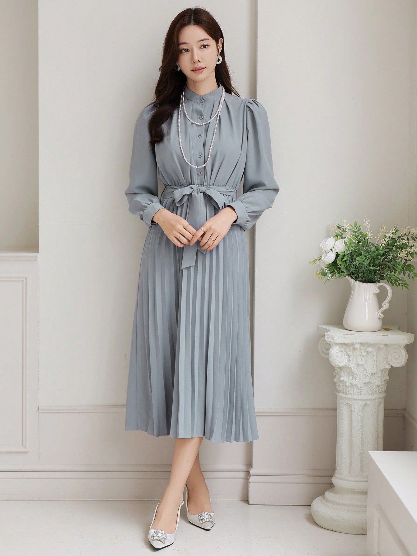 CM-DS738813 Women Elegant Seoul Style Solid Color Pleated Waistband Mid-Length Dress - Blue